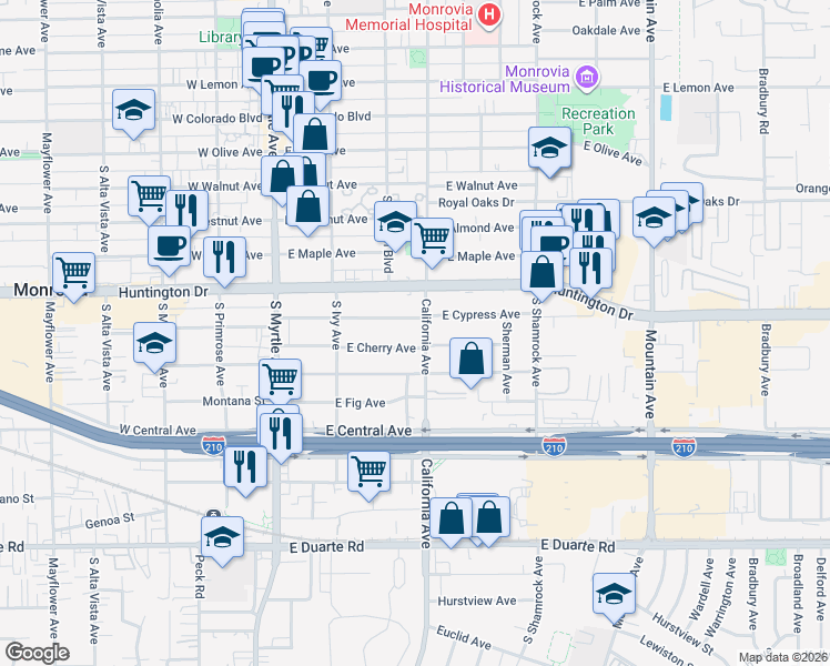 map of restaurants, bars, coffee shops, grocery stores, and more near 261e East Cherry Avenue in Monrovia