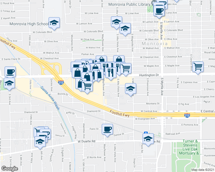 map of restaurants, bars, coffee shops, grocery stores, and more near 1216 Mayflower Avenue in Monrovia
