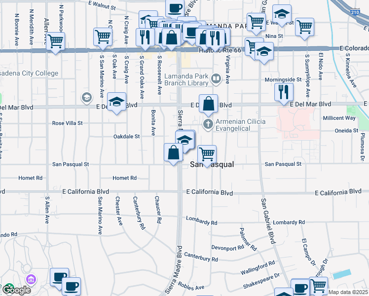 map of restaurants, bars, coffee shops, grocery stores, and more near 444 South Sierra Madre Boulevard in Pasadena