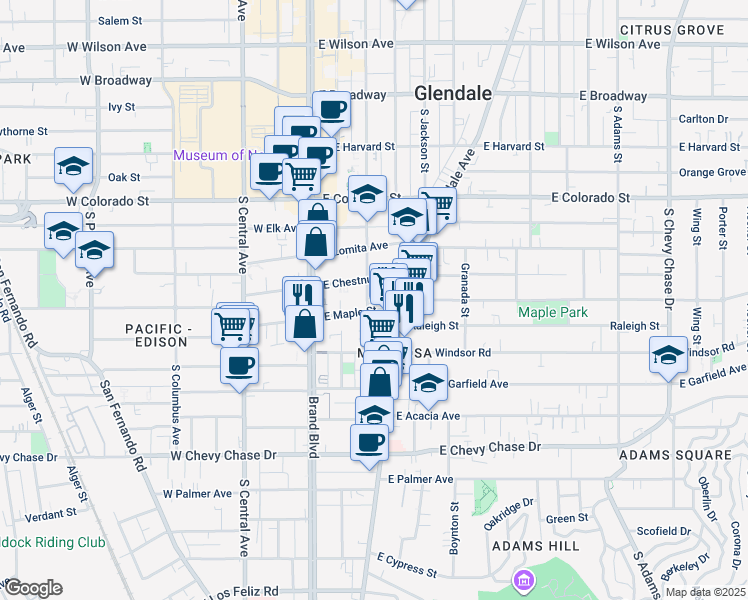 map of restaurants, bars, coffee shops, grocery stores, and more near 230 East Maple Street in Glendale