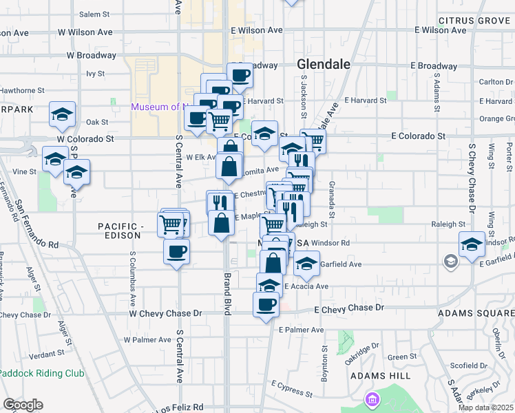 map of restaurants, bars, coffee shops, grocery stores, and more near 230 East Maple Street in Glendale