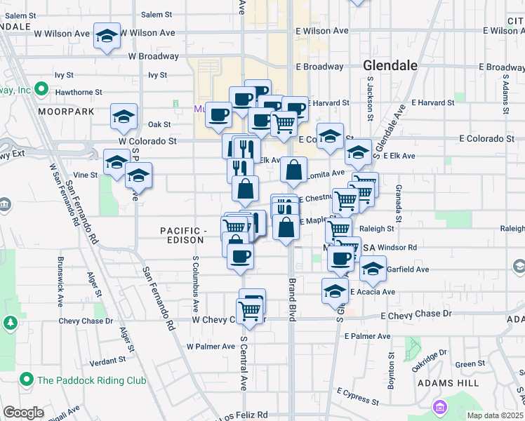 map of restaurants, bars, coffee shops, grocery stores, and more near 209 West Maple Street in Glendale