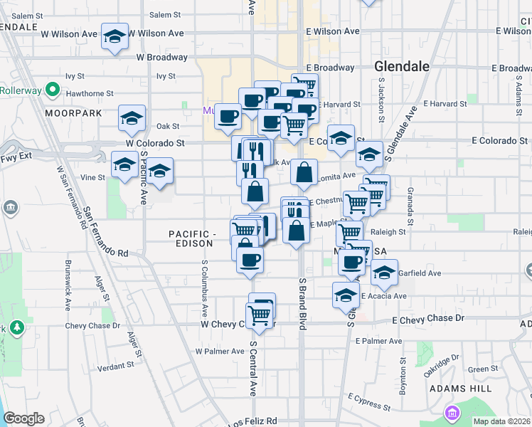 map of restaurants, bars, coffee shops, grocery stores, and more near 209 West Maple Street in Glendale