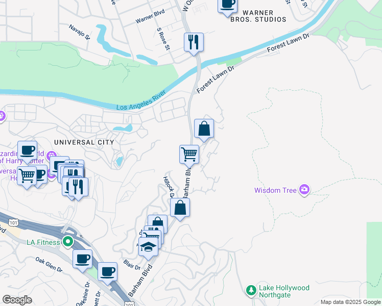map of restaurants, bars, coffee shops, grocery stores, and more near 3636 Barham Boulevard in Los Angeles