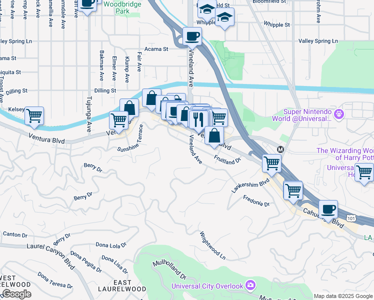 map of restaurants, bars, coffee shops, grocery stores, and more near 11111 Ventura Boulevard in Los Angeles