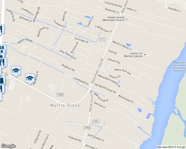 map of restaurants, bars, coffee shops, grocery stores, and more near 5326 Masonboro Loop Road in Wilmington