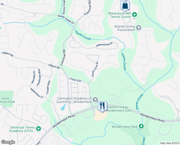 map of restaurants, bars, coffee shops, grocery stores, and more near 5303 Davenport Manor in Cumming
