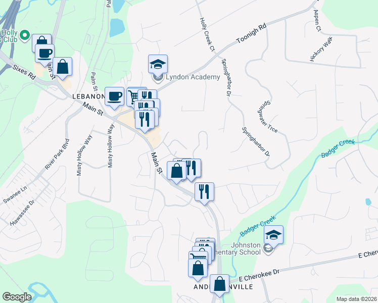 map of restaurants, bars, coffee shops, grocery stores, and more near 227 Fox Creek Boulevard in Woodstock