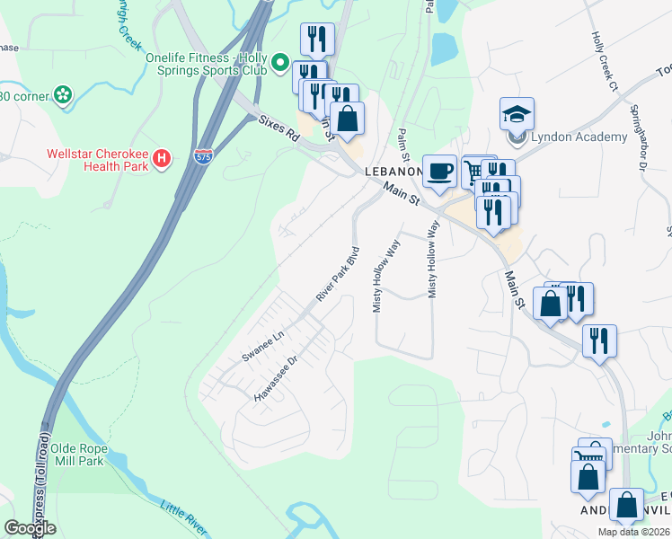 map of restaurants, bars, coffee shops, grocery stores, and more near 1600 River Park Boulevard in Woodstock