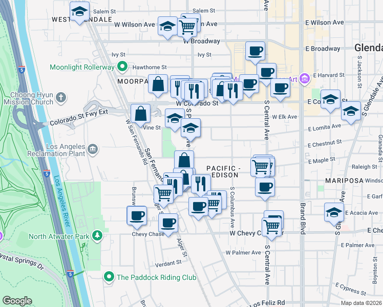 map of restaurants, bars, coffee shops, grocery stores, and more near 485 Riverdale Drive in Glendale