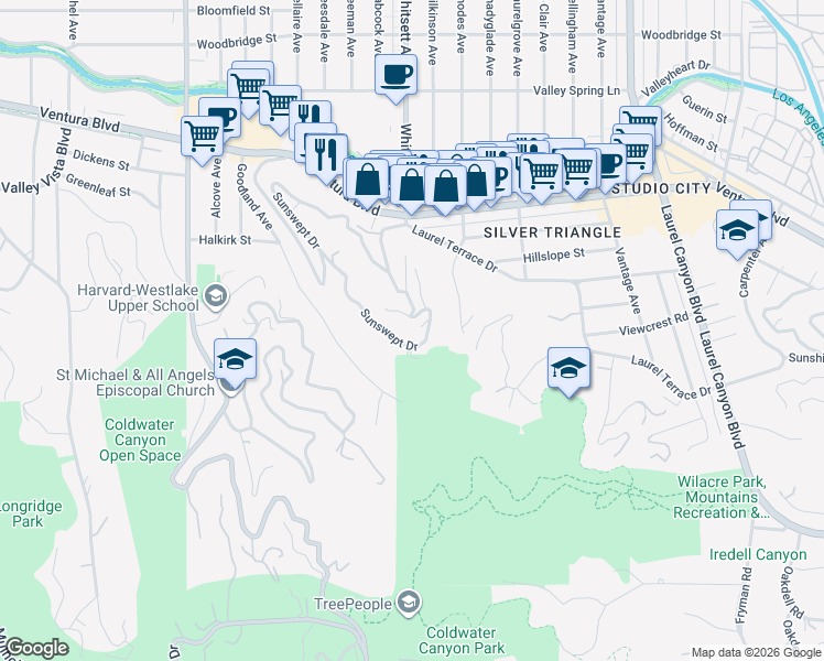 map of restaurants, bars, coffee shops, grocery stores, and more near 3646 Sunswept Drive in Los Angeles