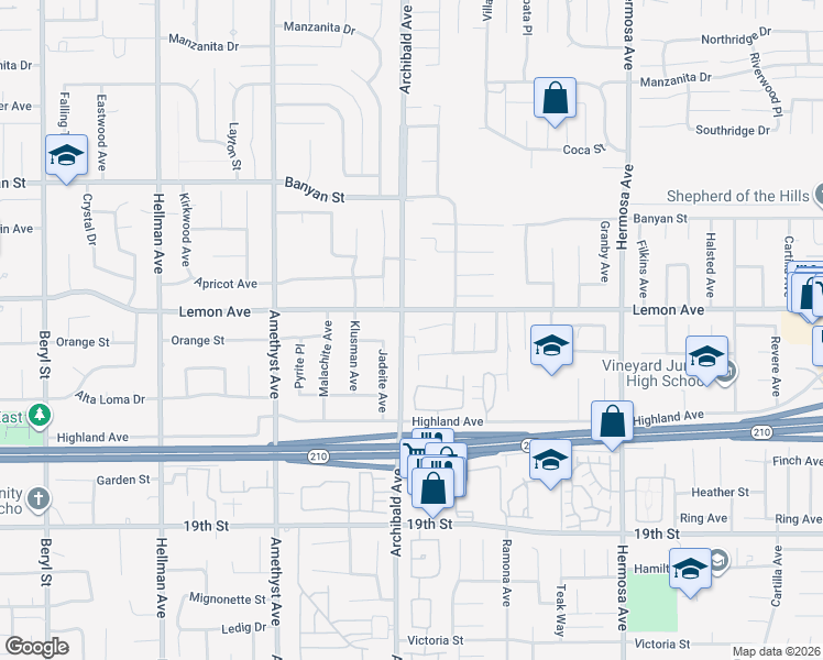 map of restaurants, bars, coffee shops, grocery stores, and more near 9736 Vía Esperanza in Rancho Cucamonga