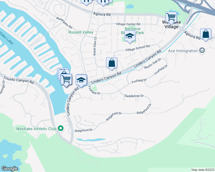 map of restaurants, bars, coffee shops, grocery stores, and more near 31858 Saddletree Drive in Westlake Village