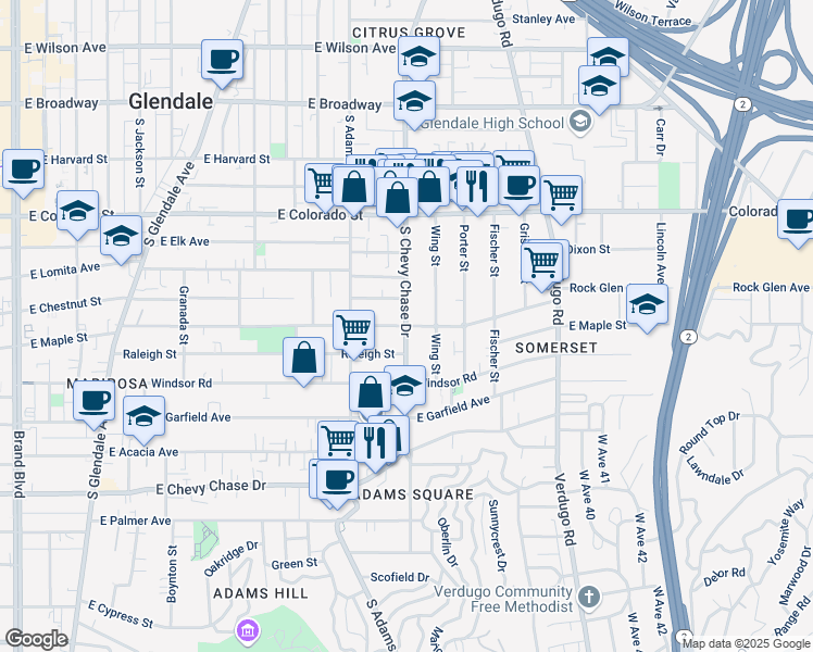 map of restaurants, bars, coffee shops, grocery stores, and more near South Chevy Chase Drive & East Maple Street in Glendale
