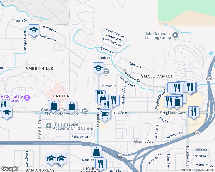 map of restaurants, bars, coffee shops, grocery stores, and more near 25400 Pumalo St in San Bernardino