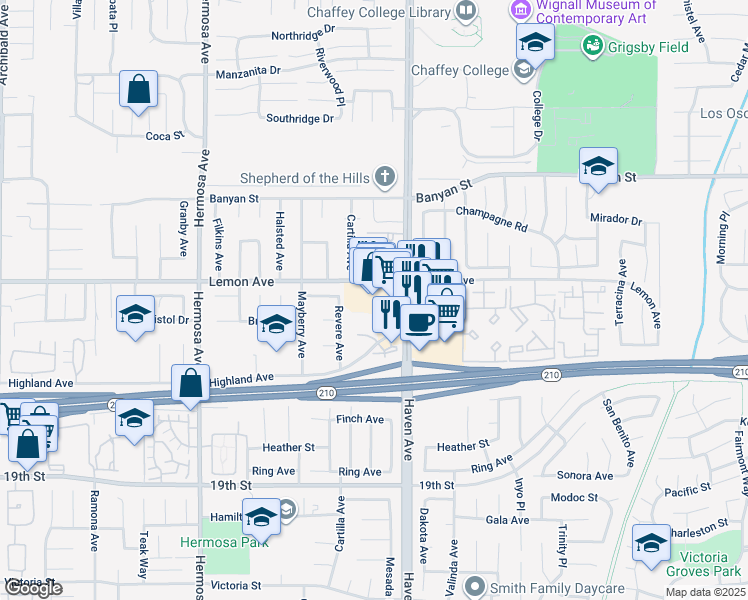 map of restaurants, bars, coffee shops, grocery stores, and more near 10431 Lemon Avenue in Rancho Cucamonga