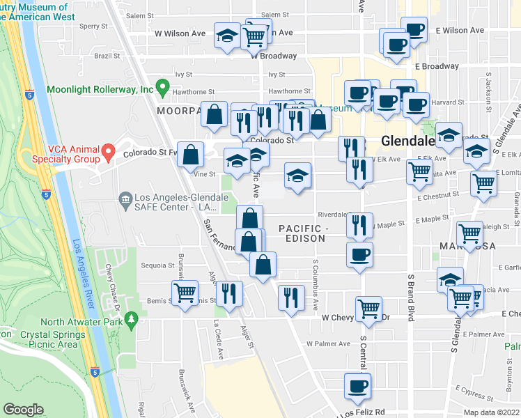 map of restaurants, bars, coffee shops, grocery stores, and more near 520 South Pacific Avenue in Glendale