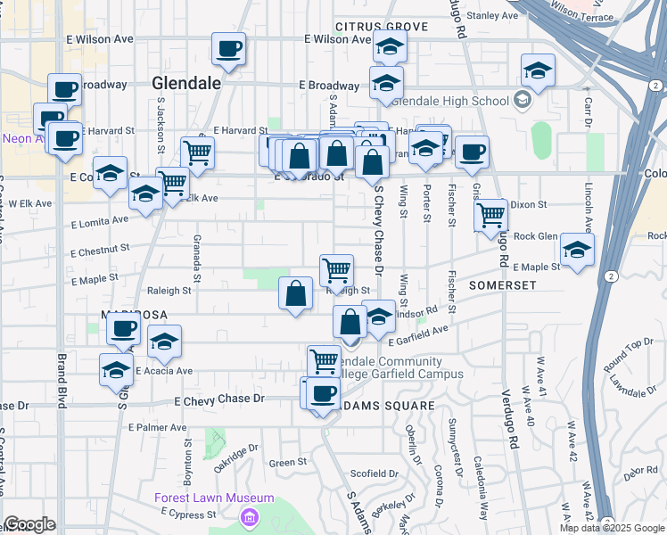 map of restaurants, bars, coffee shops, grocery stores, and more near 521 East Maple Street in Glendale