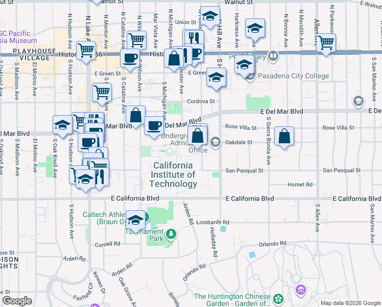 map of restaurants, bars, coffee shops, grocery stores, and more near 1200 East California Boulevard in Pasadena