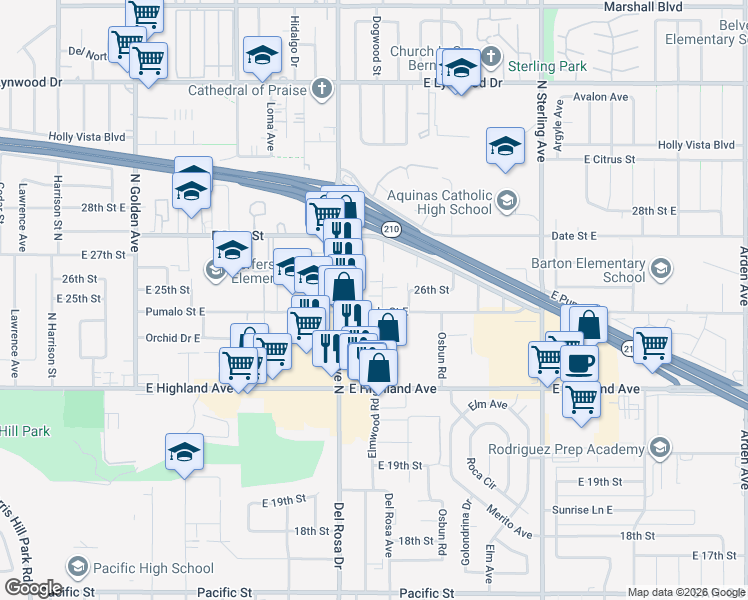 map of restaurants, bars, coffee shops, grocery stores, and more near 2506 Taylor Road in San Bernardino