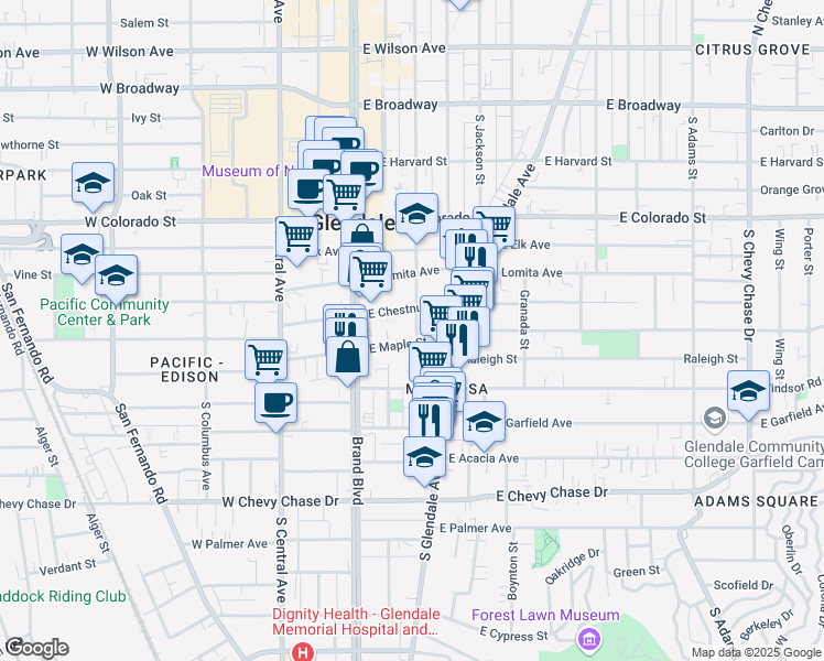 map of restaurants, bars, coffee shops, grocery stores, and more near 619 South Louise Street in Glendale