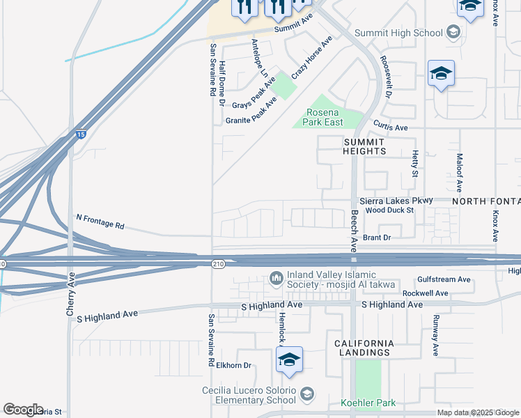 map of restaurants, bars, coffee shops, grocery stores, and more near Gold Finch Way in Fontana