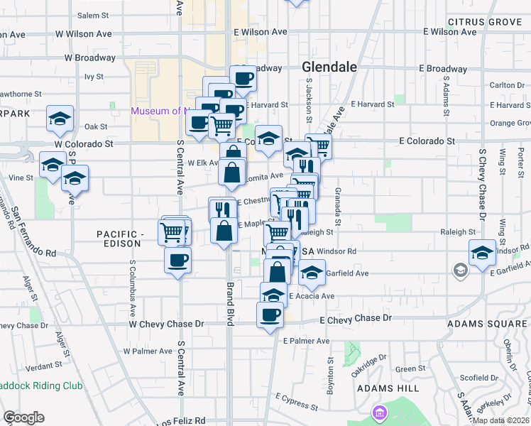 map of restaurants, bars, coffee shops, grocery stores, and more near 619 South Louise Street in Glendale