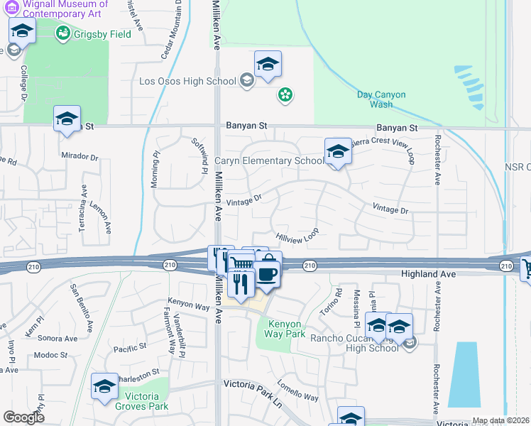 map of restaurants, bars, coffee shops, grocery stores, and more near 11462 Donner Pass Court in Rancho Cucamonga