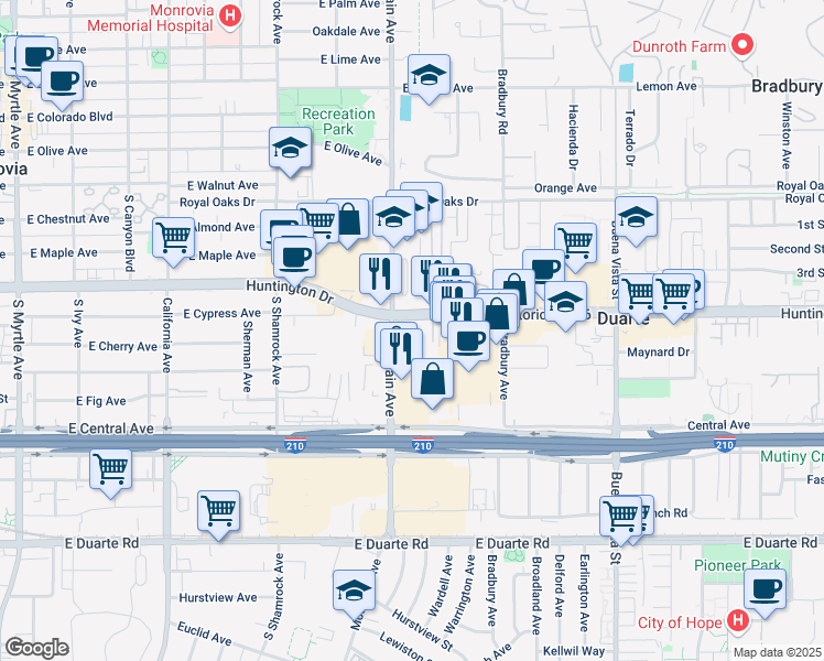 map of restaurants, bars, coffee shops, grocery stores, and more near in Irwindale