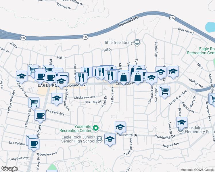map of restaurants, bars, coffee shops, grocery stores, and more near 5068 Argus Drive in Los Angeles