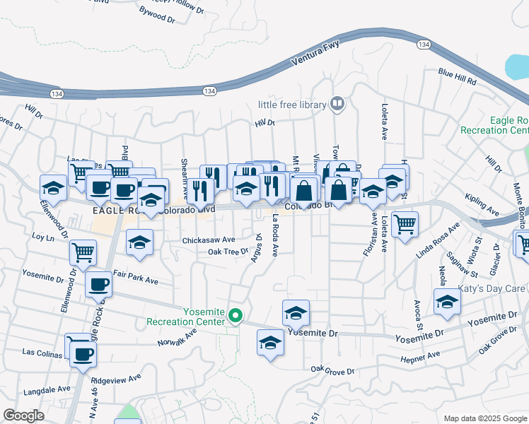map of restaurants, bars, coffee shops, grocery stores, and more near 1750 Colorado Boulevard in Los Angeles