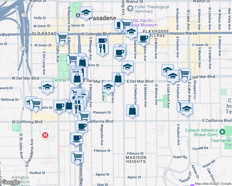 map of restaurants, bars, coffee shops, grocery stores, and more near 380 South Euclid Avenue in Pasadena
