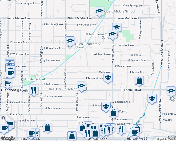map of restaurants, bars, coffee shops, grocery stores, and more near 855 East Meda Avenue in Glendora