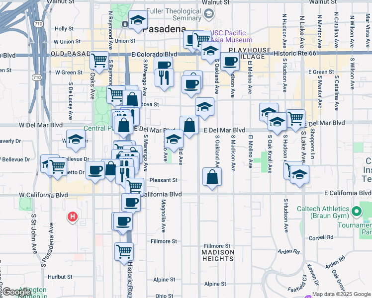 map of restaurants, bars, coffee shops, grocery stores, and more near 380 South Euclid Avenue in Pasadena