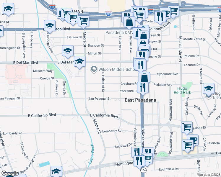 map of restaurants, bars, coffee shops, grocery stores, and more near 3541 Yorkshire Road in Pasadena