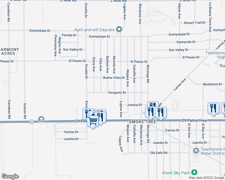 map of restaurants, bars, coffee shops, grocery stores, and more near 71904 Gorgonio Drive in Twentynine Palms