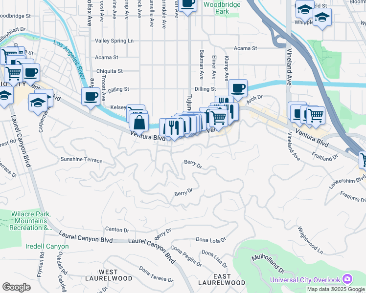 map of restaurants, bars, coffee shops, grocery stores, and more near 11423 Sunshine Terrace in Los Angeles