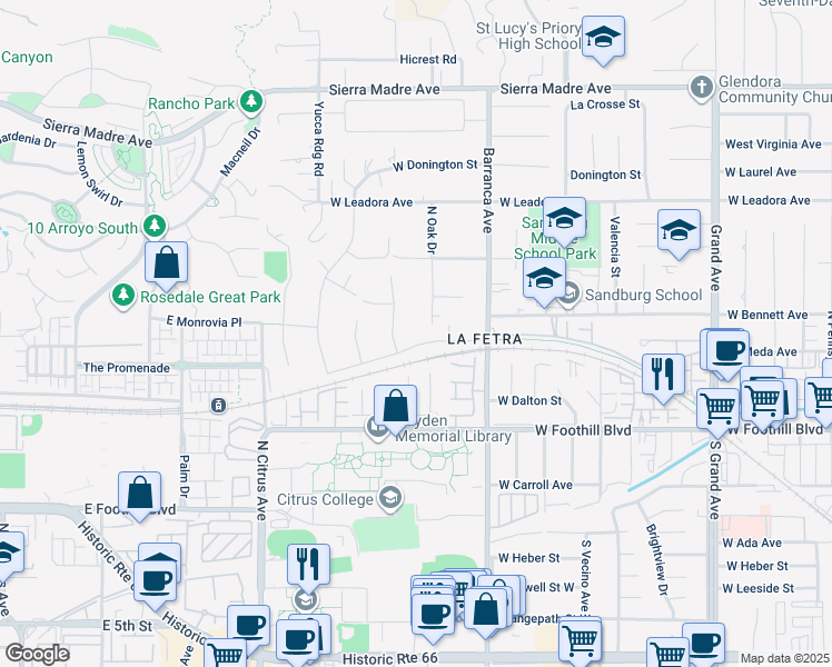 map of restaurants, bars, coffee shops, grocery stores, and more near 1033 Elderberry Drive in Glendora