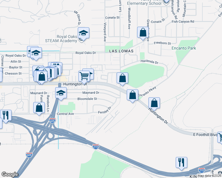 map of restaurants, bars, coffee shops, grocery stores, and more near 2620 Huntington Drive in San Marino
