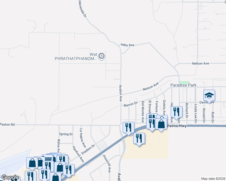 map of restaurants, bars, coffee shops, grocery stores, and more near 6250 Avalon Avenue in Yucca Valley