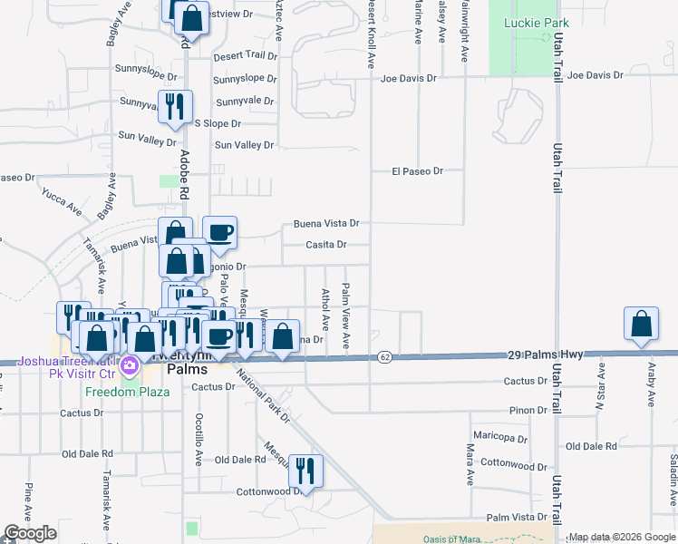 map of restaurants, bars, coffee shops, grocery stores, and more near 6363 Athol Avenue in Twentynine Palms