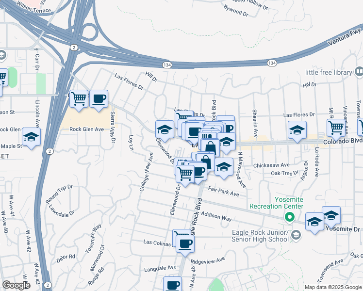 map of restaurants, bars, coffee shops, grocery stores, and more near 2300 Colorado Boulevard in Los Angeles