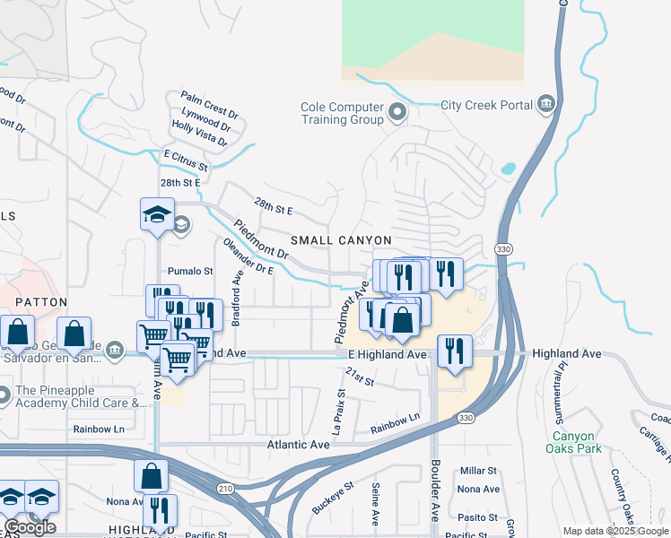 map of restaurants, bars, coffee shops, grocery stores, and more near 2605 La Praix Street in Highland