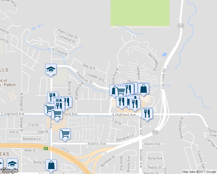 map of restaurants, bars, coffee shops, grocery stores, and more near 2605 La Praix Street in Highland