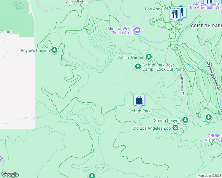 map of restaurants, bars, coffee shops, grocery stores, and more near Vista Del Valle Drive in Los Angeles