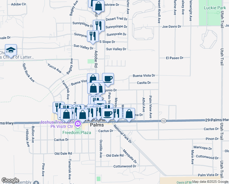 map of restaurants, bars, coffee shops, grocery stores, and more near 6349 Palo Verde Avenue in Twentynine Palms