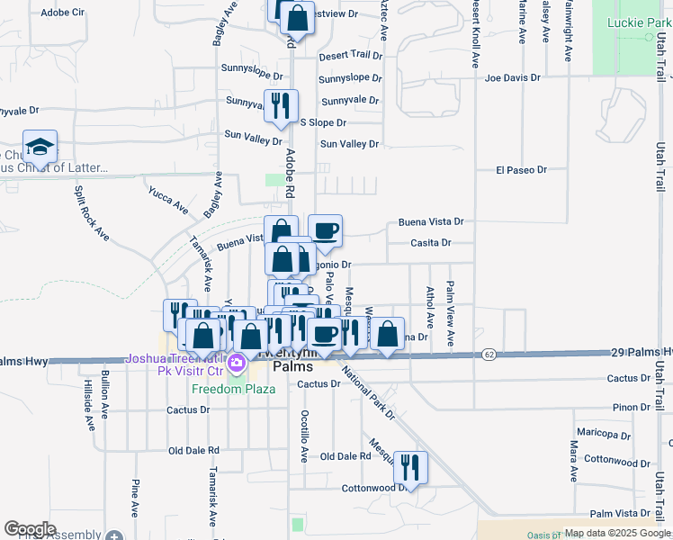 map of restaurants, bars, coffee shops, grocery stores, and more near 6349 Palo Verde Avenue in Twentynine Palms