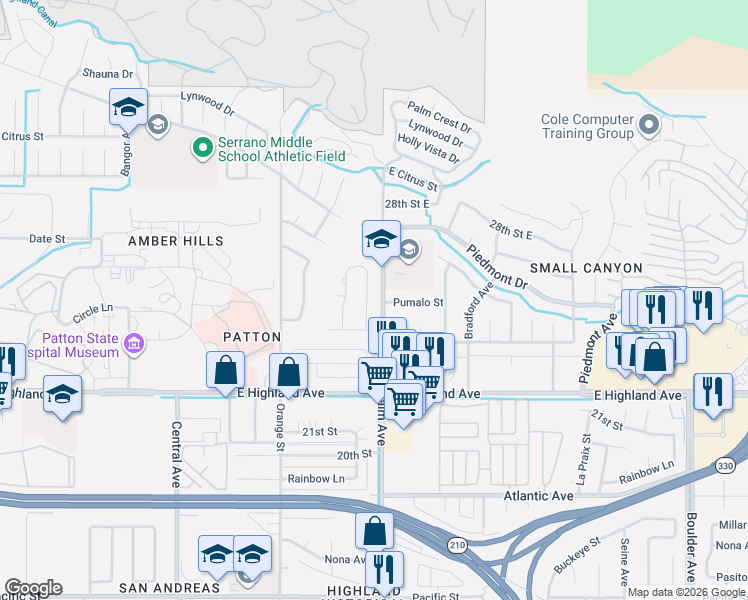 map of restaurants, bars, coffee shops, grocery stores, and more near 2392 Peacock Avenue in Highland