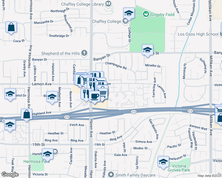 map of restaurants, bars, coffee shops, grocery stores, and more near 20655 Lemon Avenue in Rancho Cucamonga