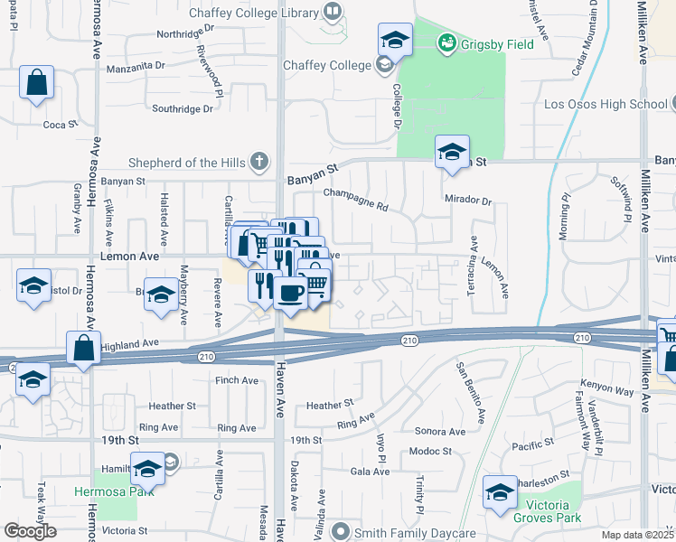 map of restaurants, bars, coffee shops, grocery stores, and more near 20655 Lemon Avenue in Rancho Cucamonga